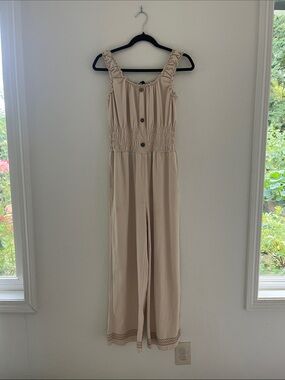 Smocked Waist Beige Wide-Leg Jumpsuit with Button Front